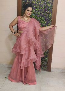 Pink Ruffle Drape Saree