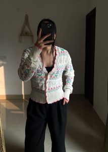 Zara Floral Jacquard Embroidered Knit Cardigan