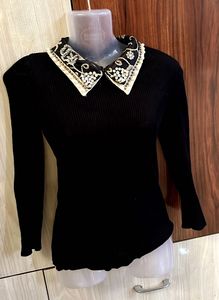 Korean Ribbed Black Embellished Collar Top❣️