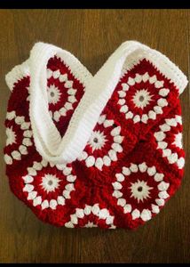 Red & White Crochet Granny Square Bag