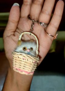 &#34;Fluffy Cat Keyring in Woven Basket&#34;