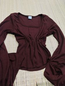 Coffee Brown Ribbed Long Sleeve Top