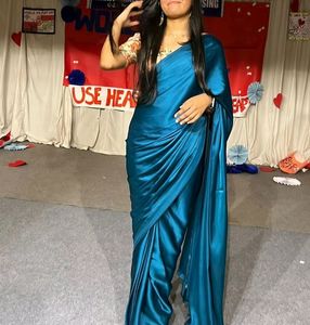 Ready To Wear Teal Pure Satin Saree