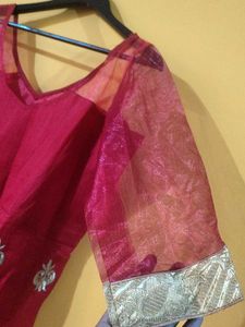 Red &amp; Gold Embroidered Anarkali Dress