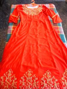 Red &amp; Gold Embroidered Anarkali Dress
