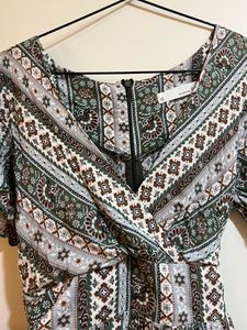 Korean Green Pattern V Neck Dress
