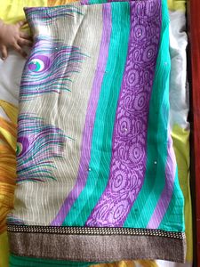 Chiffon Violet And Green Colour Saree
