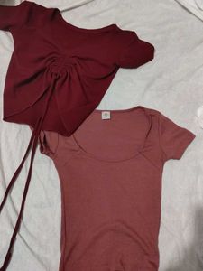 Combo- Burgundy & Pink Ribbed Tee Set