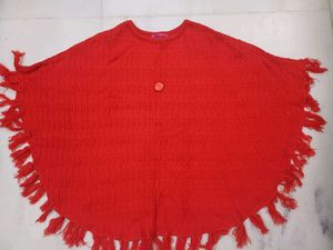 Red Fringed Knit Poncho