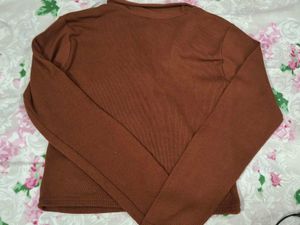 Brown V-Neck Long Sleeve Top