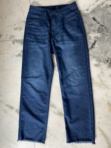 Dark Blue Denim Straight Leg High Waist Jeans