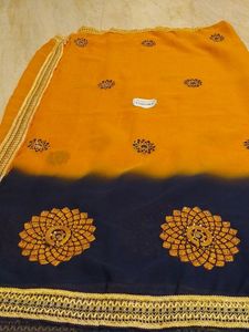 Saree Orange Blue With Blouse Material Neela