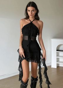 Newme~Black Halter Ruffle Tiered Dress🖤🗝️🕶️➰🕋