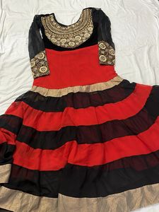 Red &amp; Black Striped Dress with Embroidery