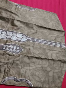 Women Beige Embroidered Silk Straight Kurta