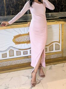 Pink Ruched Slit Midi Dress