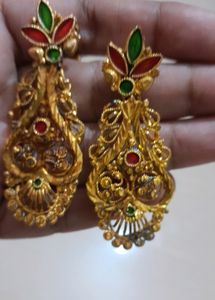Gold Plated Set .Gorgeous look With Red And green meenakari Work.
