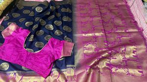 Navy Blue Semi Silk Saree With Stitched Blouse