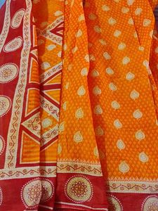 Orange &amp; Red Pure Cotton Saree With Blouse