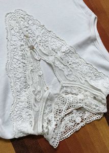 Women White Lace Neck Design Cotton Casual Top