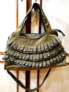 Olive Green Studded Fringe Bag