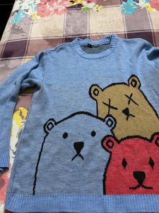 Cute Bear Print Blue Sweater