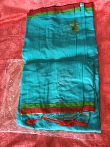 Blue with Red Floral Design ChanderiCotton Saree