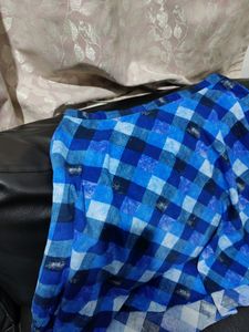 Blue Cotton Skirt With Checks