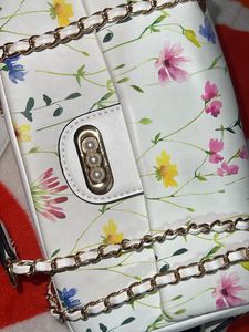 White Floral Printed PU Structured Sling Bag