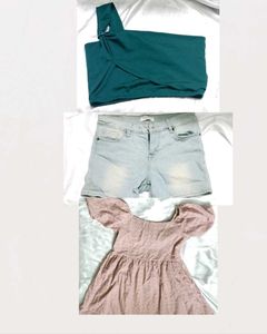 One-Shoulder Top, Denim Shorts & Puff Sleeve Dress