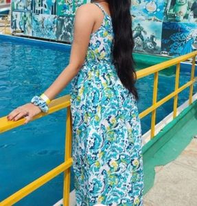 Blue &amp; Green Floral Print Maxi Dress