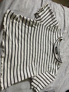 Zudio Women’s White Striped Ruffle Top – Medium Si