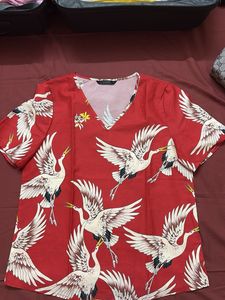 Red Crane Print Top
