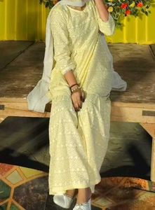 Floral Embroidered Kantha Work Kurti With Sharara