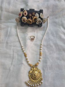 Combo: Gold Chain With One Ring And 3 Earings