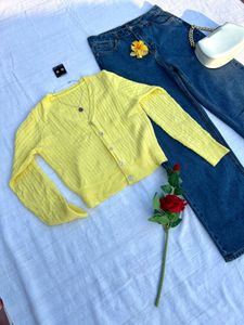 Outfit Set - Yellow Cardigan &amp; Wide Leg Jeans