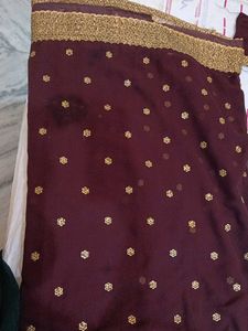 Maroon &amp; Gold Embroidered Saree Set