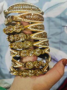 Elegant Gold &amp; Pearl Bangles (Set of 8)