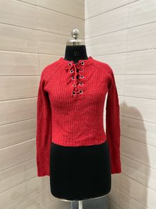 korean Red Knit Tie-Front Top