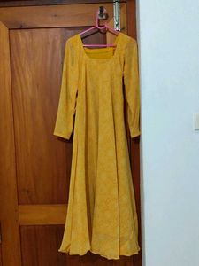 M/L Size Yellow Long Sleeve Anarkali Dress with Sh