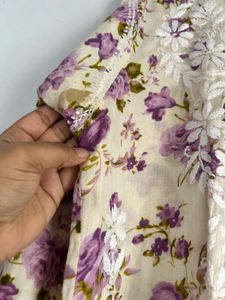 Floral Printed Lavender White Chikankari Lucknowi