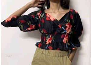 Floral Black Korean Top