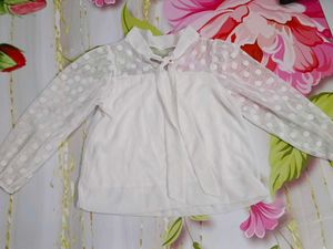 (1100)White Polka Dot Sheer Sleeve Blouse