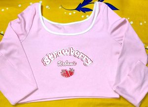Pink Strawberry Long Sleeve Crop Top