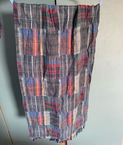 Grey Multicolour Check Winter Scarf with Fringes