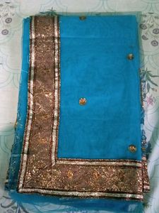 Teal &amp; Gold Embroidered Saree
