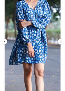 Cotton Blue Floral Print Mini Dress
