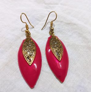 Magenta Color Earrings With Gold Design
