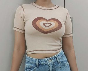 Beige Crop Top With Concentric Brown Hearts