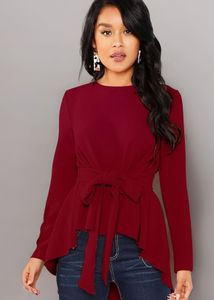 Maroon Long Sleeve Peplum Top with Waist Tie